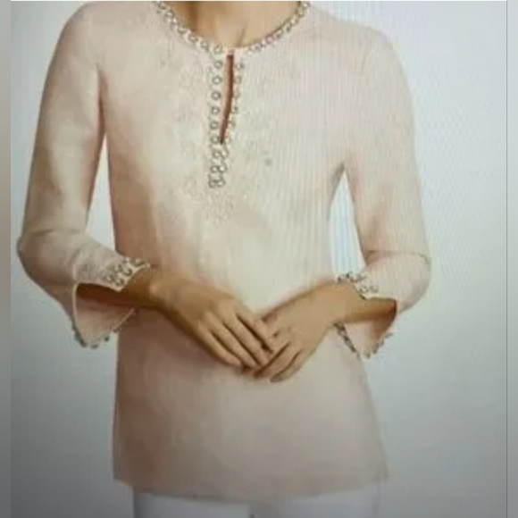Brooks Brothers pink Linen embellished, pearls rhinestones tunic 8 woman top - Picture 2 of 13